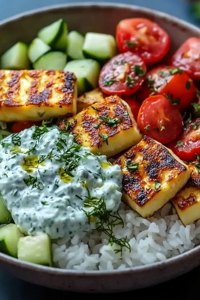 Süchtig machende Halloumi Bowl mit Reis und Tzatziki
