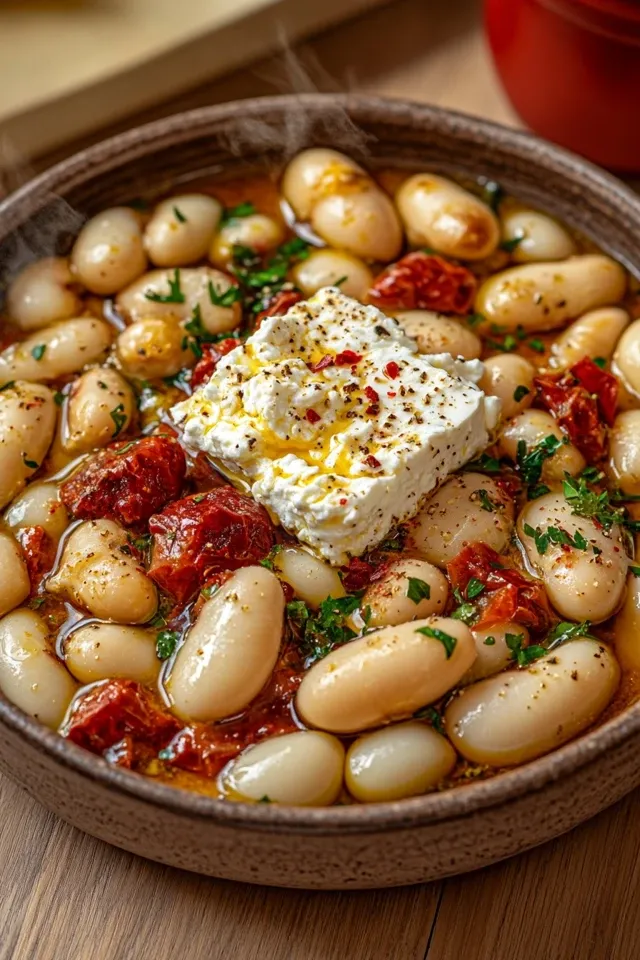 Mediterrane Ofenpfanne mit Riesenbohnen und Feta