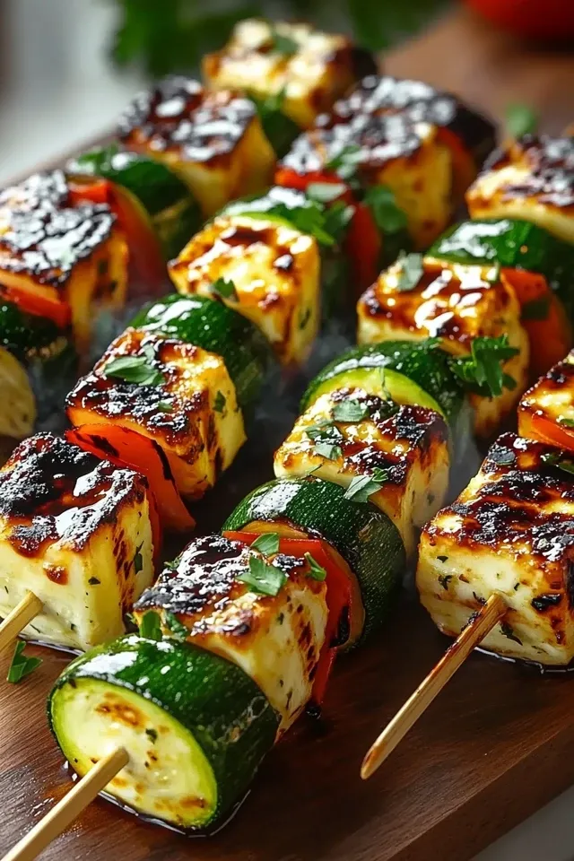 Grillgenuss: Zucchini-Hülsenfrüchte-Spieße mit Halloumi