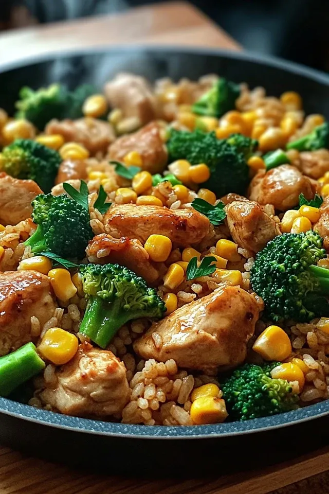 Hähnchen-Reis-Pfanne mit Brokkoli und Mais