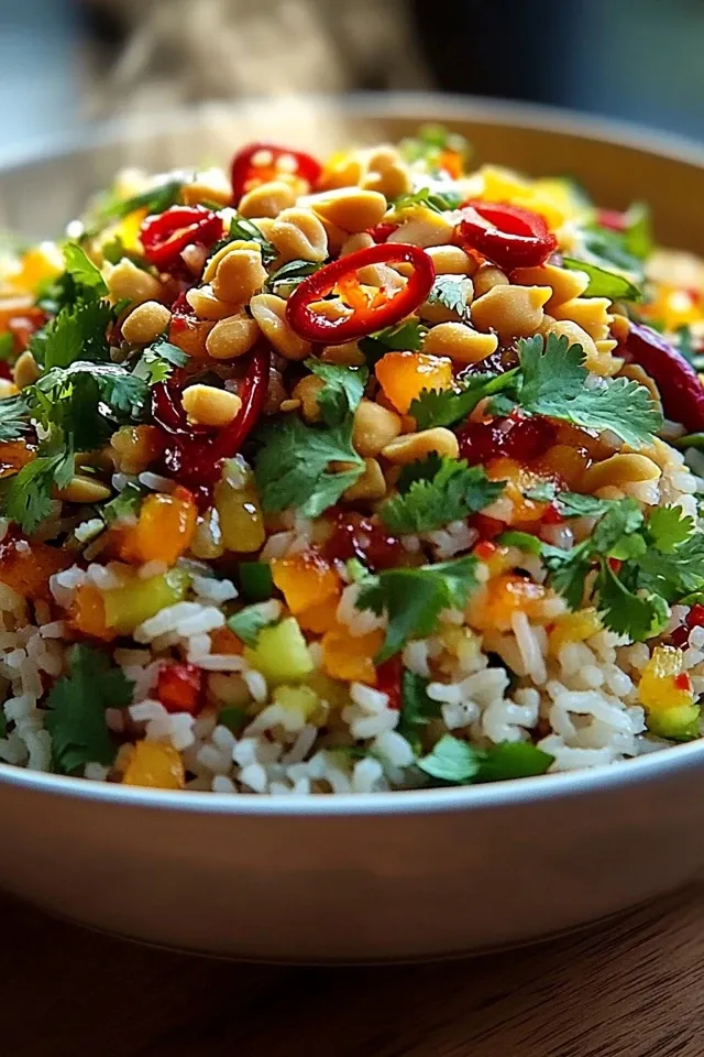Knuspriger Erdnuss-Chili Reissalat für den Sommer