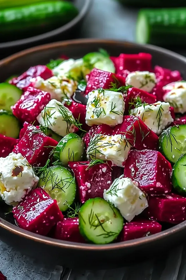 Lebhafte Rote-Bete-Feta-Salat mit Gurke und Dill