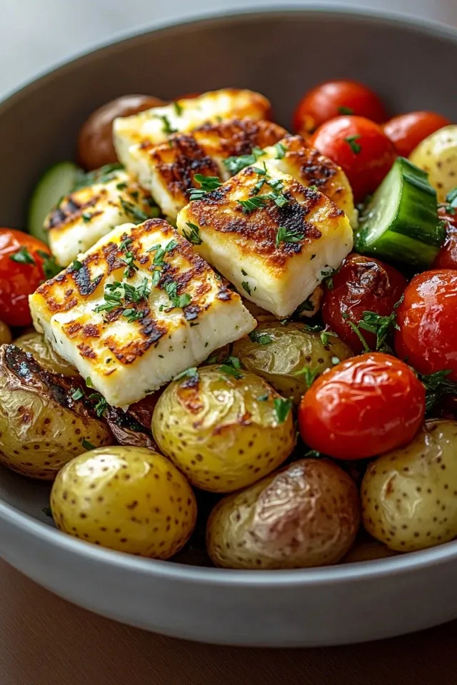 Leichte Griechische Kartoffel-Bowl mit gegrilltem Halloumi