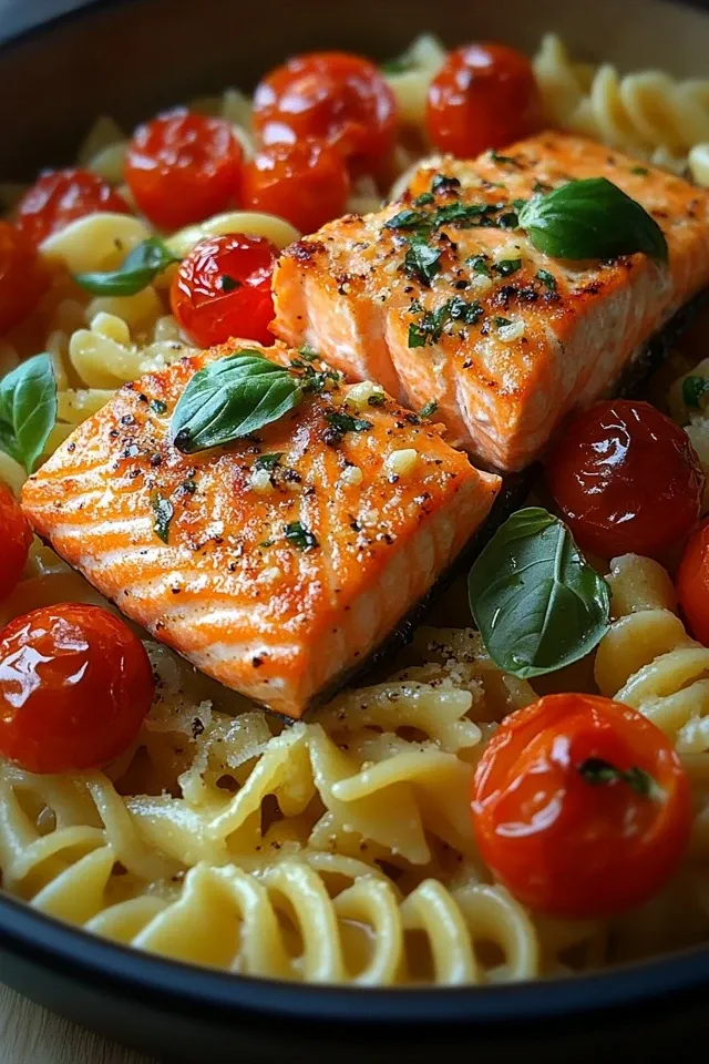 Ofen-Lachs-Pasta mit Tomaten für wahre Genießer