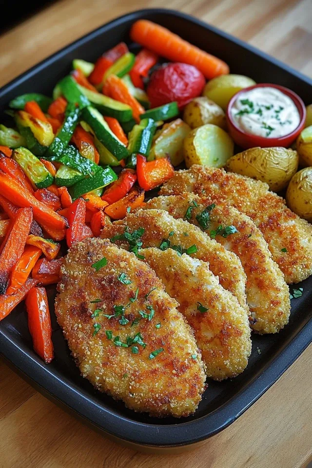 Panierte Beef Schnitzel aus dem Ofen mit Gemüse und Kartoffelecken