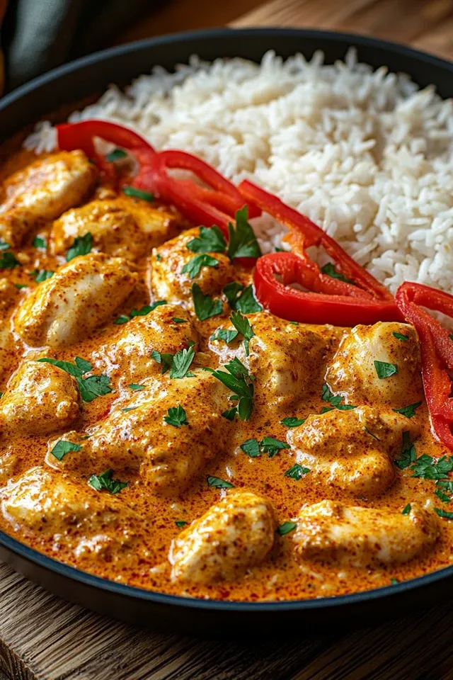 Cremige Paprika-Hähnchen-Pfanne mit Reis für die Familie
