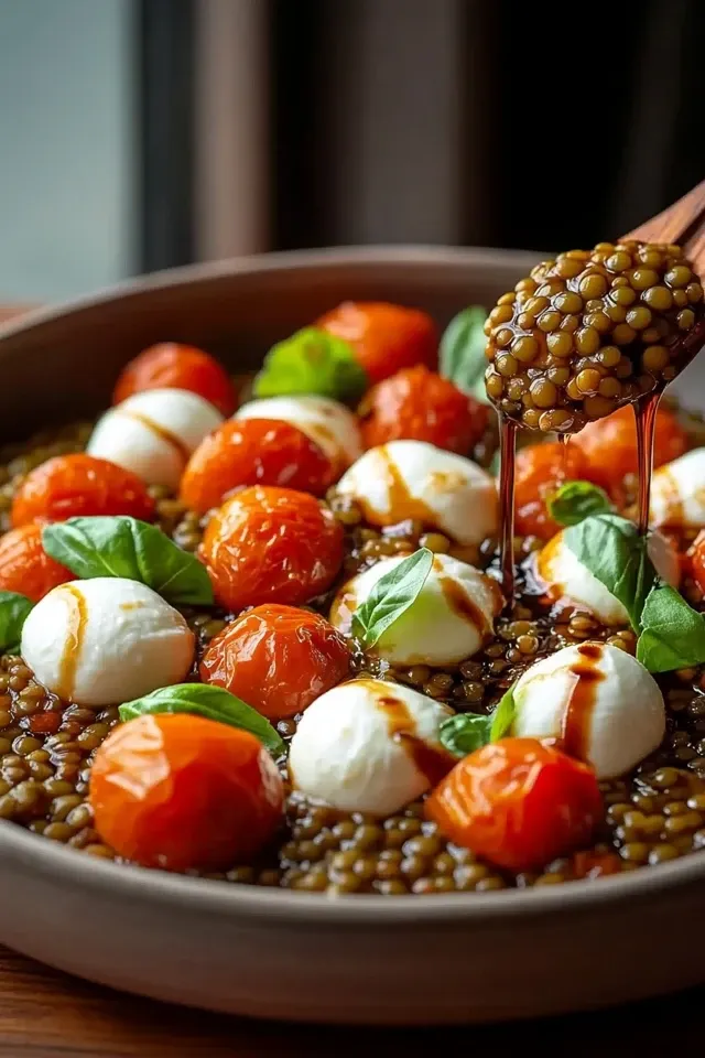 Leckere Pfannenlinsen mit Tomaten und Mozzarella