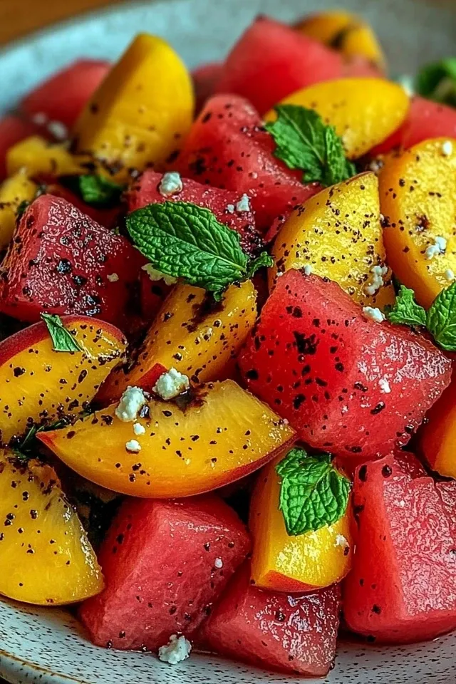 Erfrischender Sommer Pfirsich Wassermelonen Salat