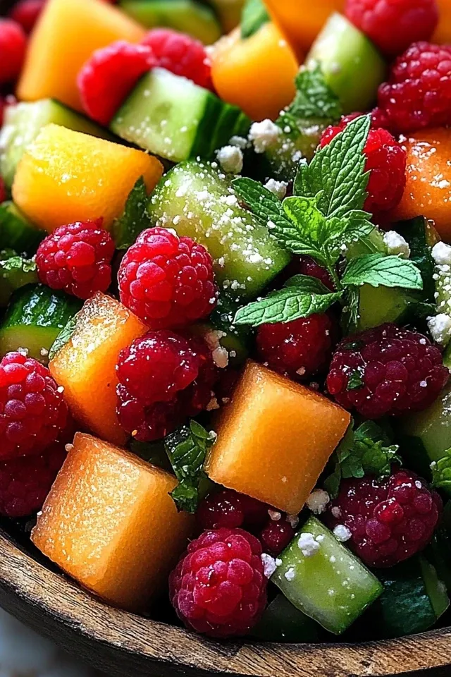 Erfrischender Sommersalat mit Melone, Gurke und Himbeeren