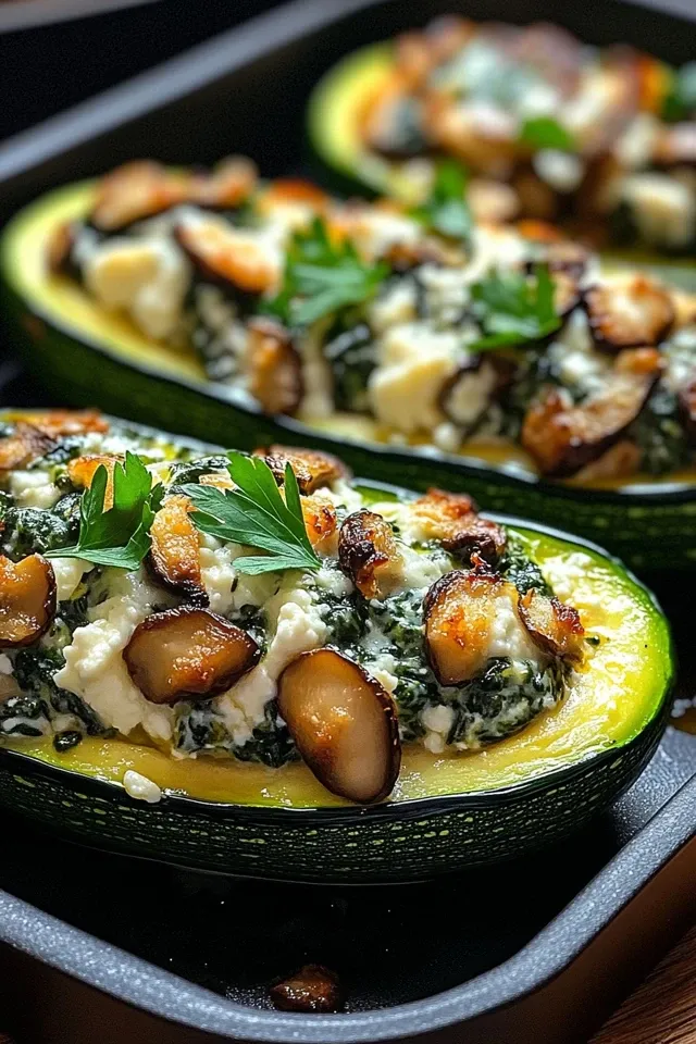 Gesunde Spinat-Pilz-Ricotta gefüllte Zucchini-Boote