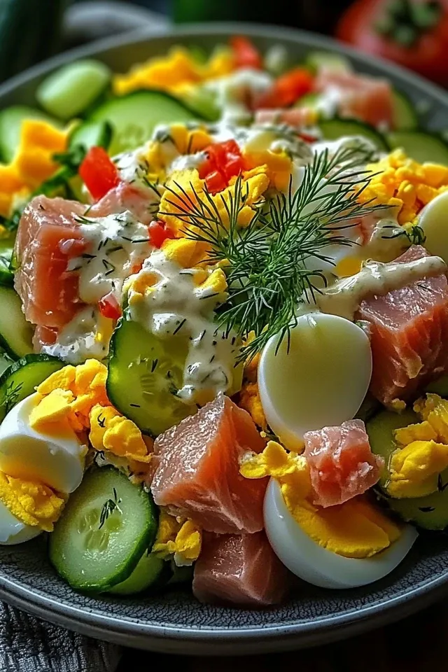 Frischer Thunfischsalat mit Ei und Gurke