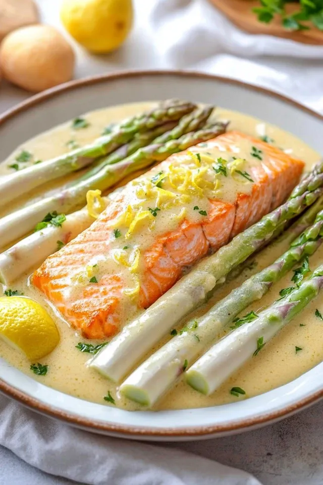 Zarter Lachs mit weißem Spargel in Zitronensoße