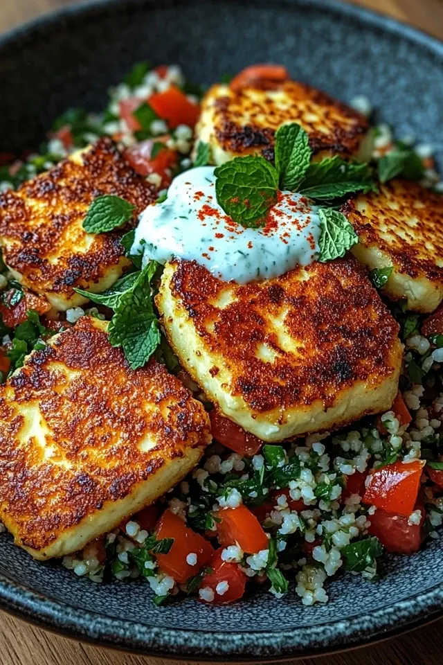 Würziger Halloumi mit Tabbouleh und Minzjoghurt