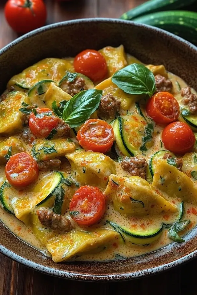 Cremige Maultaschenpfanne mit Zucchini und Tomaten
