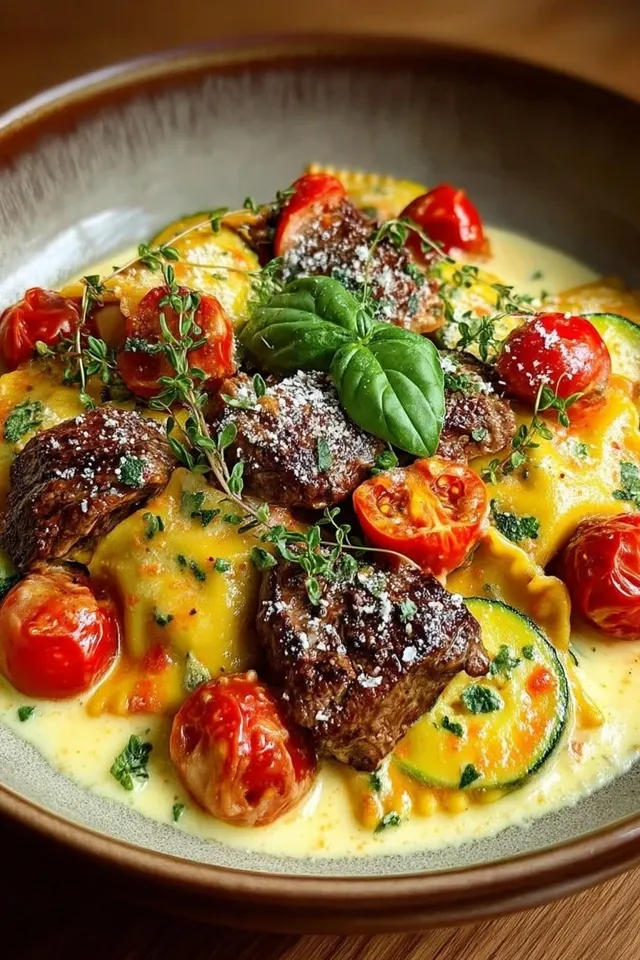 Cremige Maultaschenpfanne mit Zucchini und Tomaten