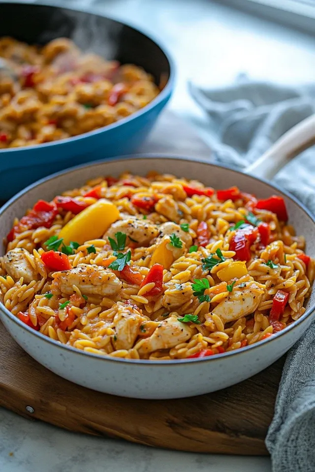 Cremige Orzo-Pfanne mit Hähnchen und Paprika