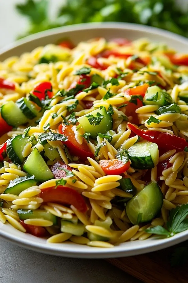 Frischer Orzo Salat mit Gurke, Paprika & Kräutern