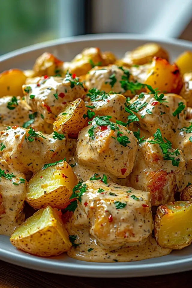 Cremige Knoblauch-Käse Hähnchen-Kartoffeln