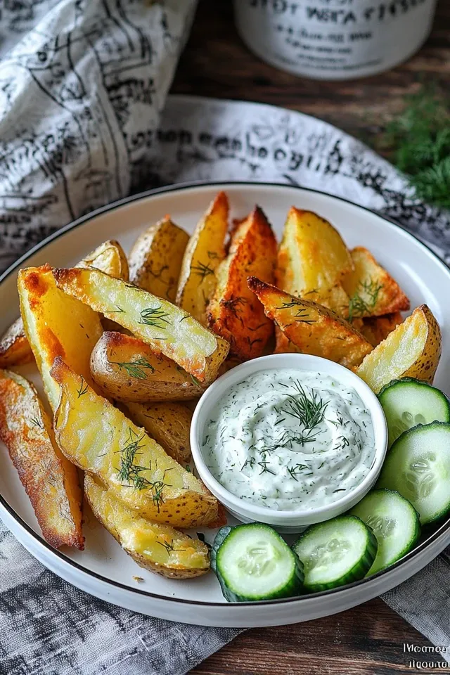 Kartoffelspalten mit frischem Gurkendip zubereiten