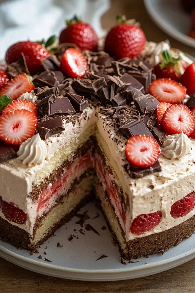 Cremige Erdbeer-Bienenstich-Torte mit Schokolade