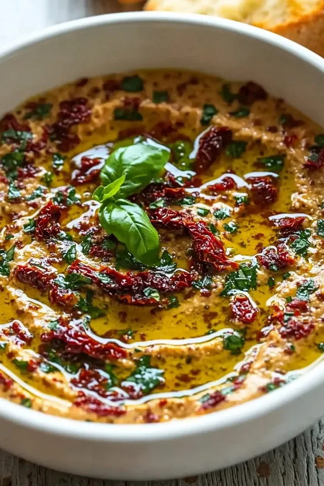 Mediterraner Dip mit getrockneten Tomaten und Knoblauchöl