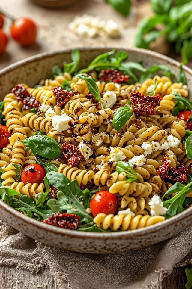 Mediterraner Nudelsalat mit Rucola und getrockneten Tomaten