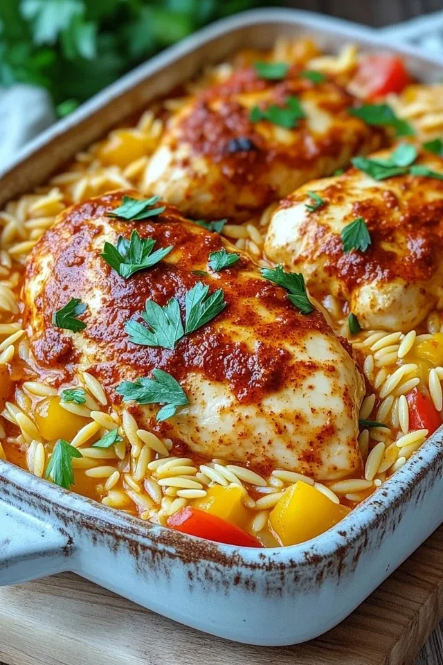 Paprika-Sahne-Hähnchen mit Orzo-Nudeln aus dem Ofen