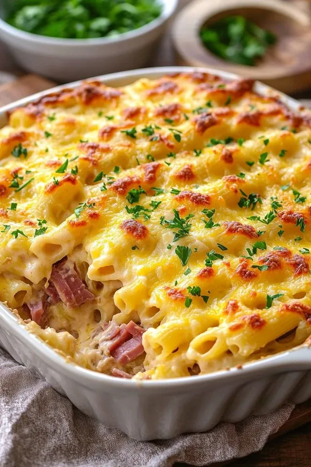 Cremiger Nudelauflauf mit Käse und Rindfleisch