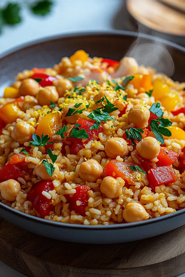 Leckere vegane Paprika Reis Pfanne mit Kichererbsen